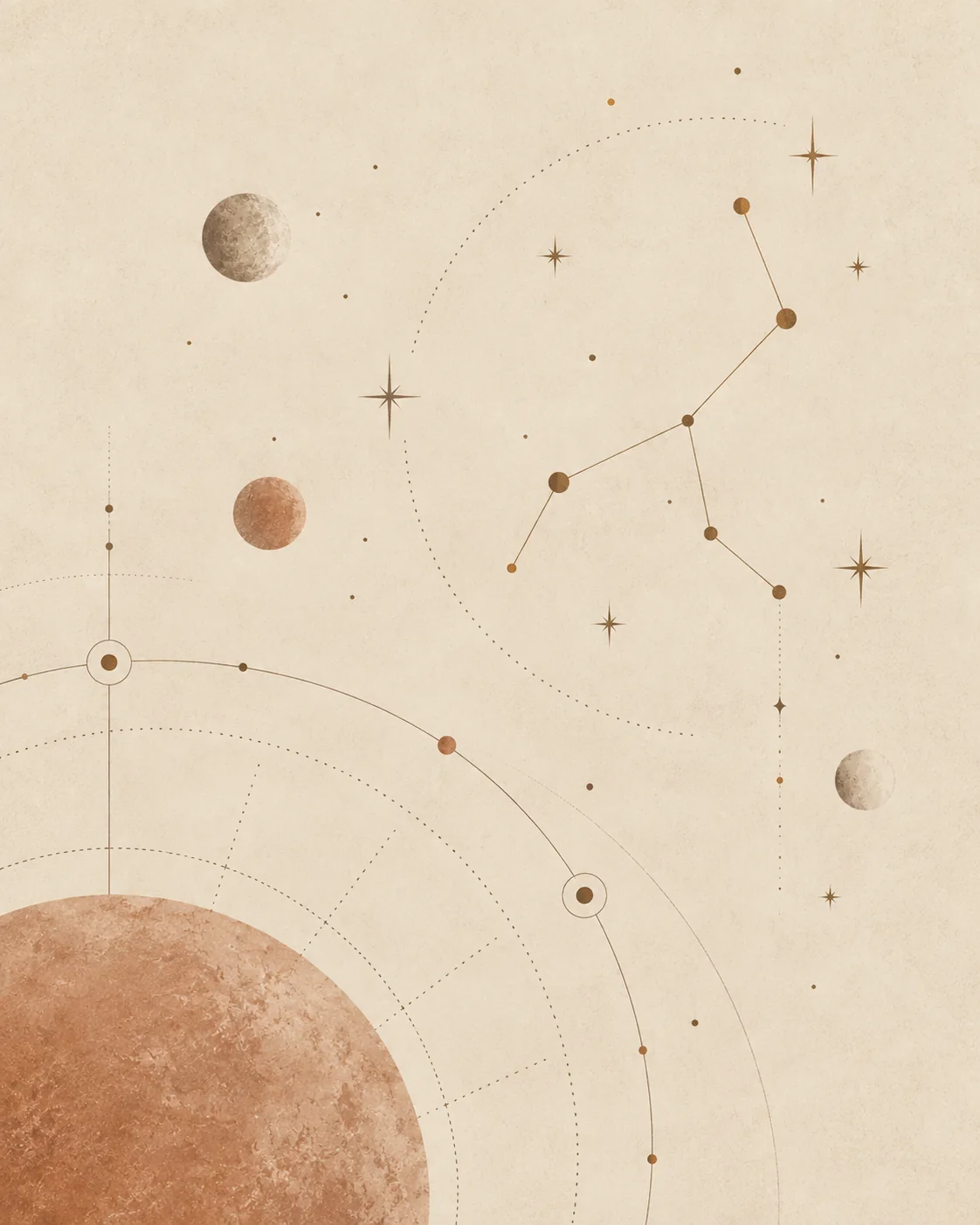 A constellation map on warm ivory: planets, stars and a zodiac ring drawn in fine gold lines