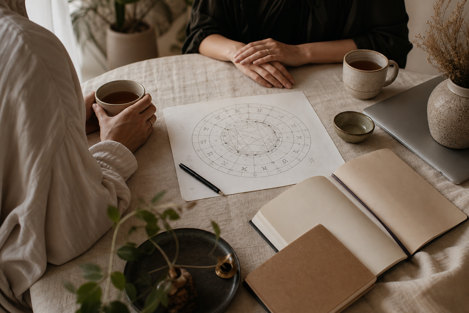 Two people at a linen-covered table with a printed birth chart between them, tea, an open notebook and a pen